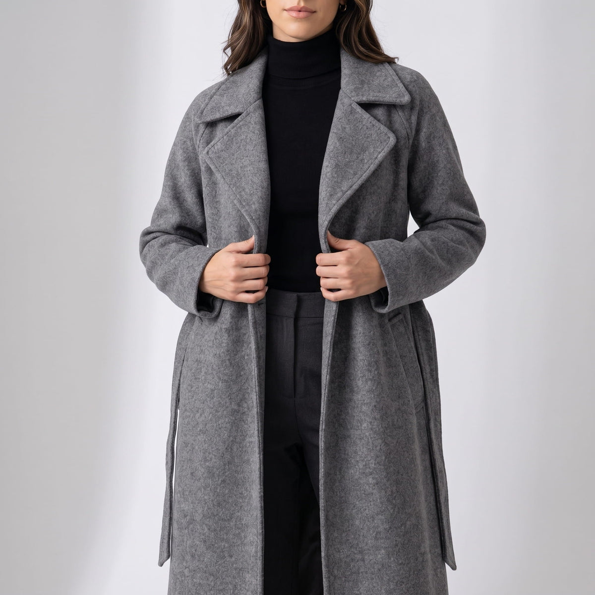 Long Belted Wrap Coat – Notched Lapel, Side Pockets & Back Vent | Anouk