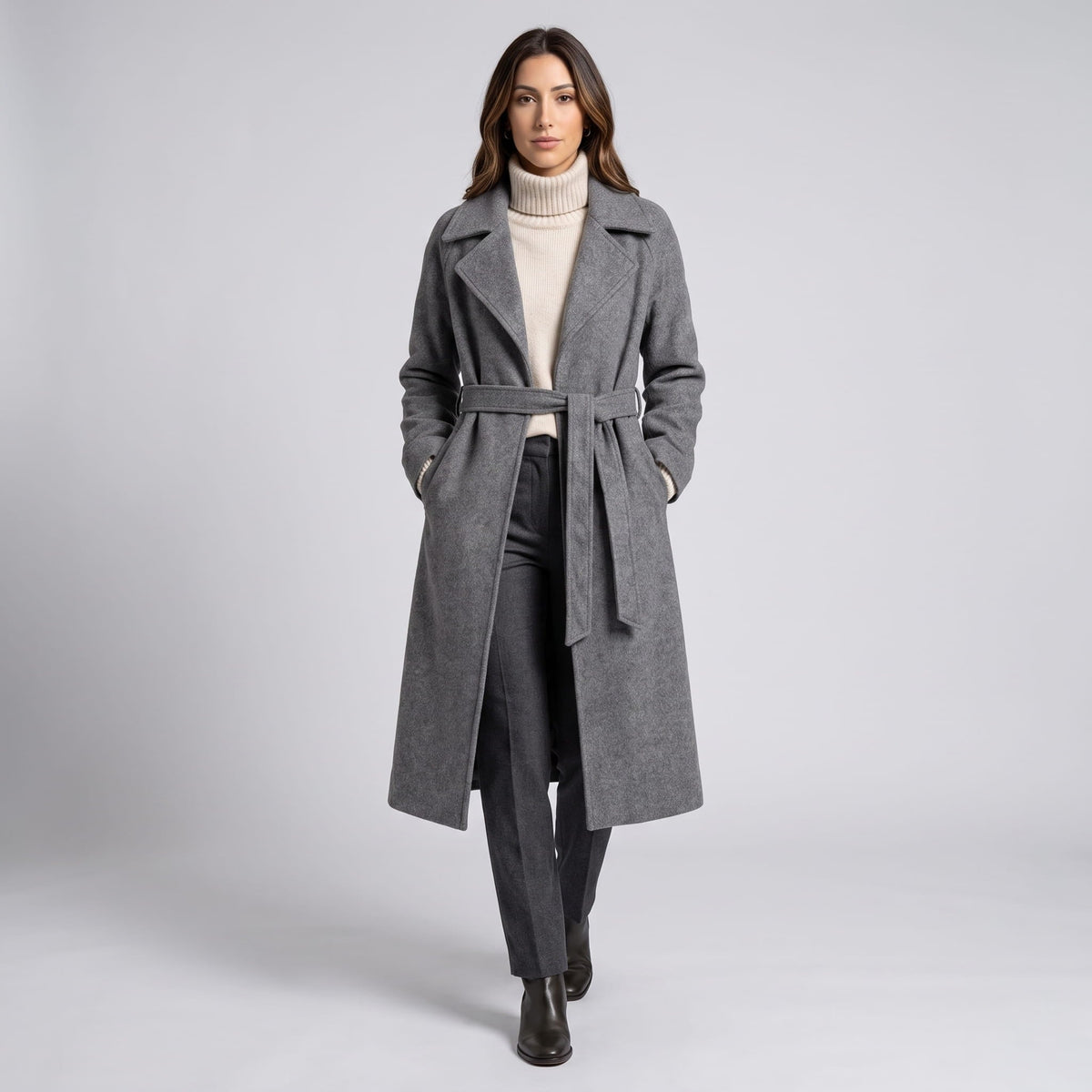 Long Belted Wrap Coat – Notched Lapel, Side Pockets & Back Vent | Anouk