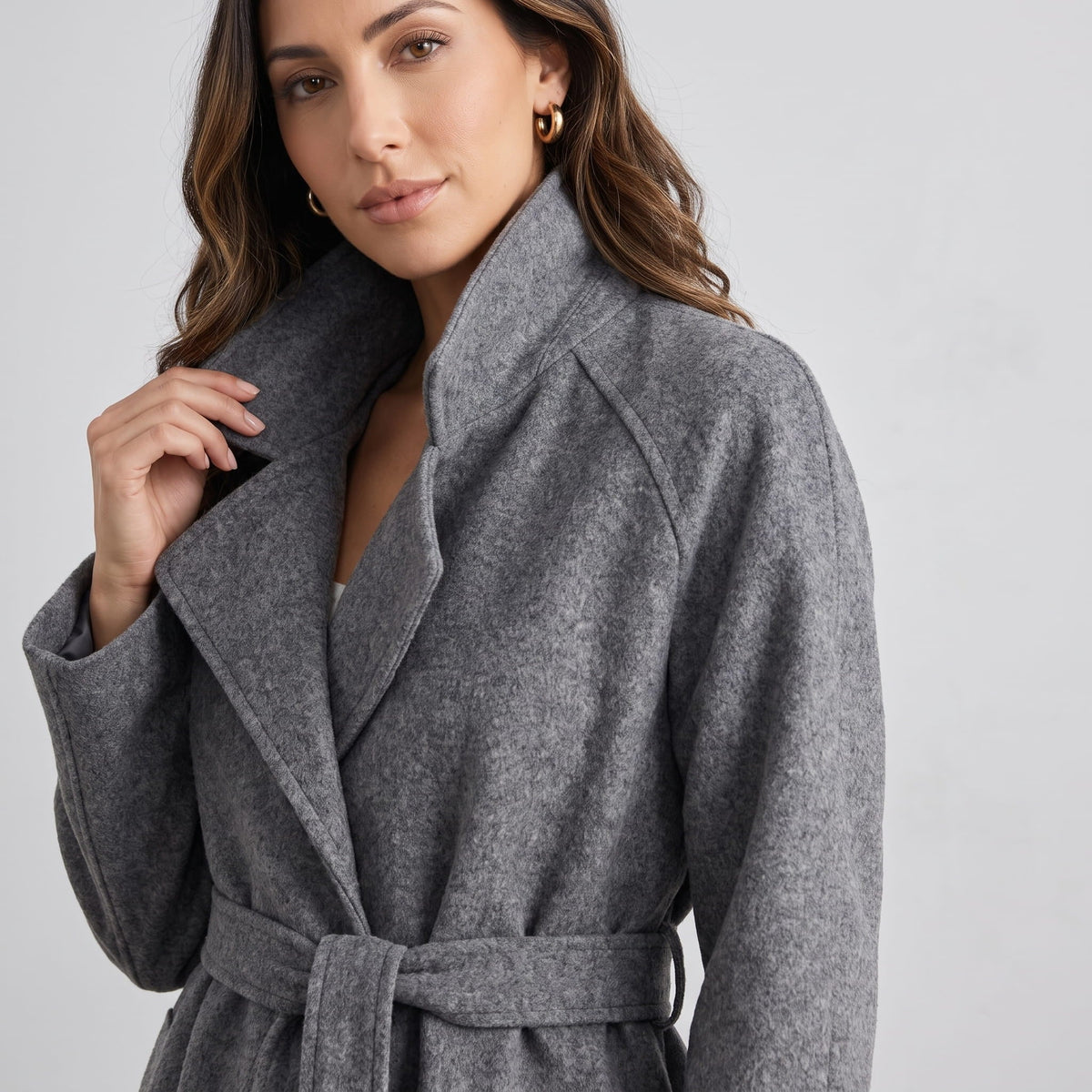 Long Belted Wrap Coat – Notched Lapel, Side Pockets & Back Vent | Anouk