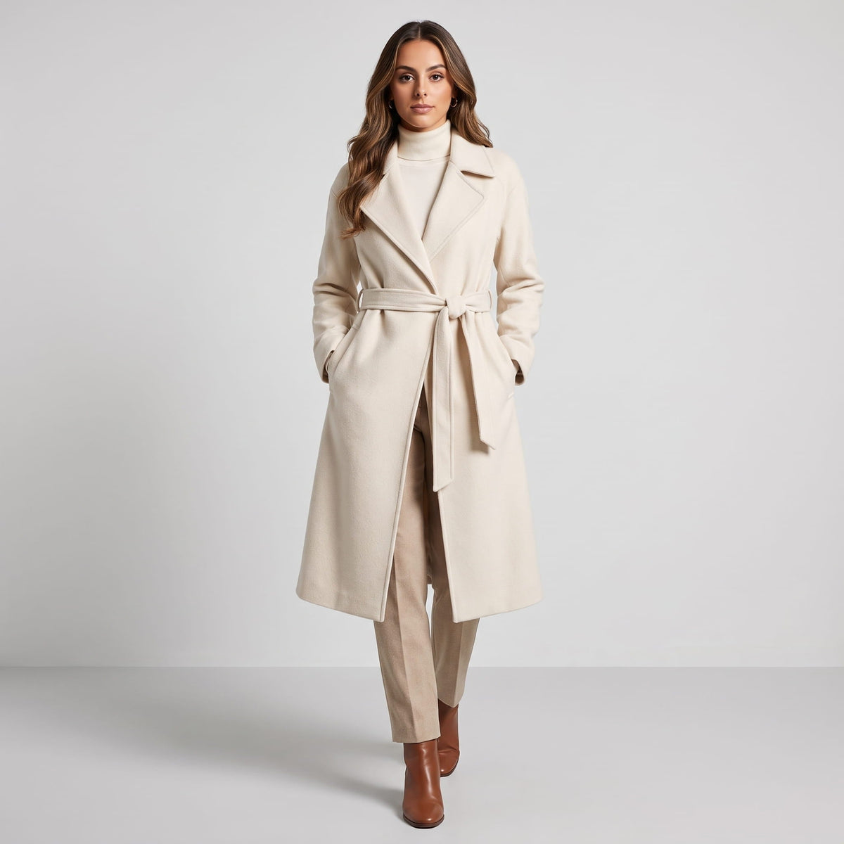 Long Belted Wrap Coat – Notched Lapel, Side Pockets & Back Vent | Anouk