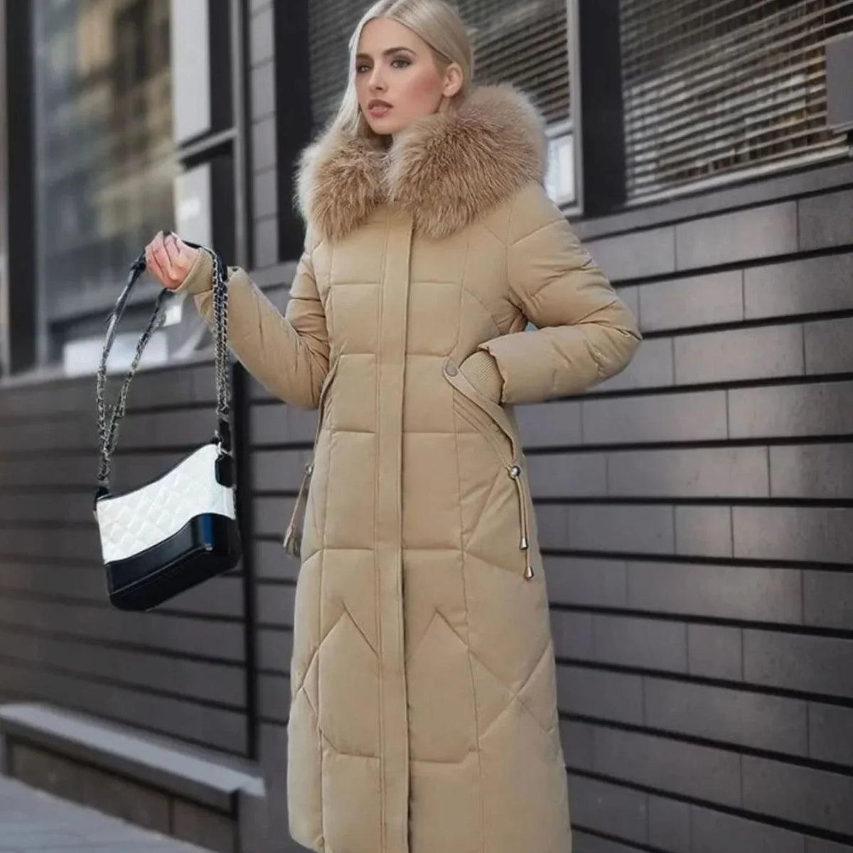 Long Hooded Puffer Coat – Black Faux Fur Trim