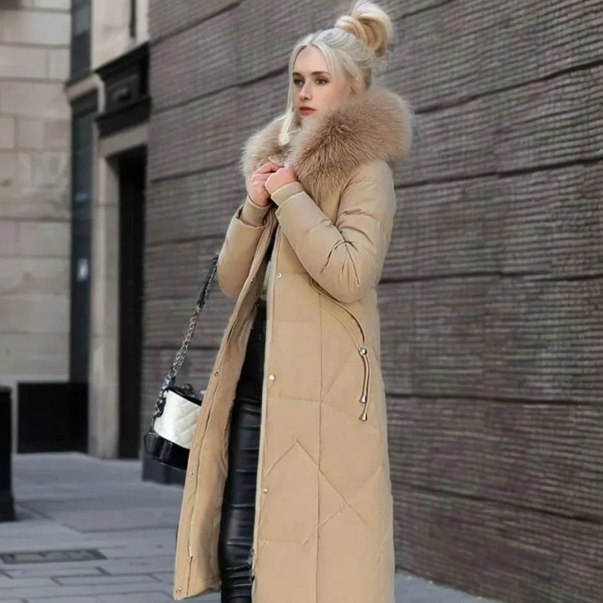Long Hooded Puffer Coat – Black Faux Fur Trim