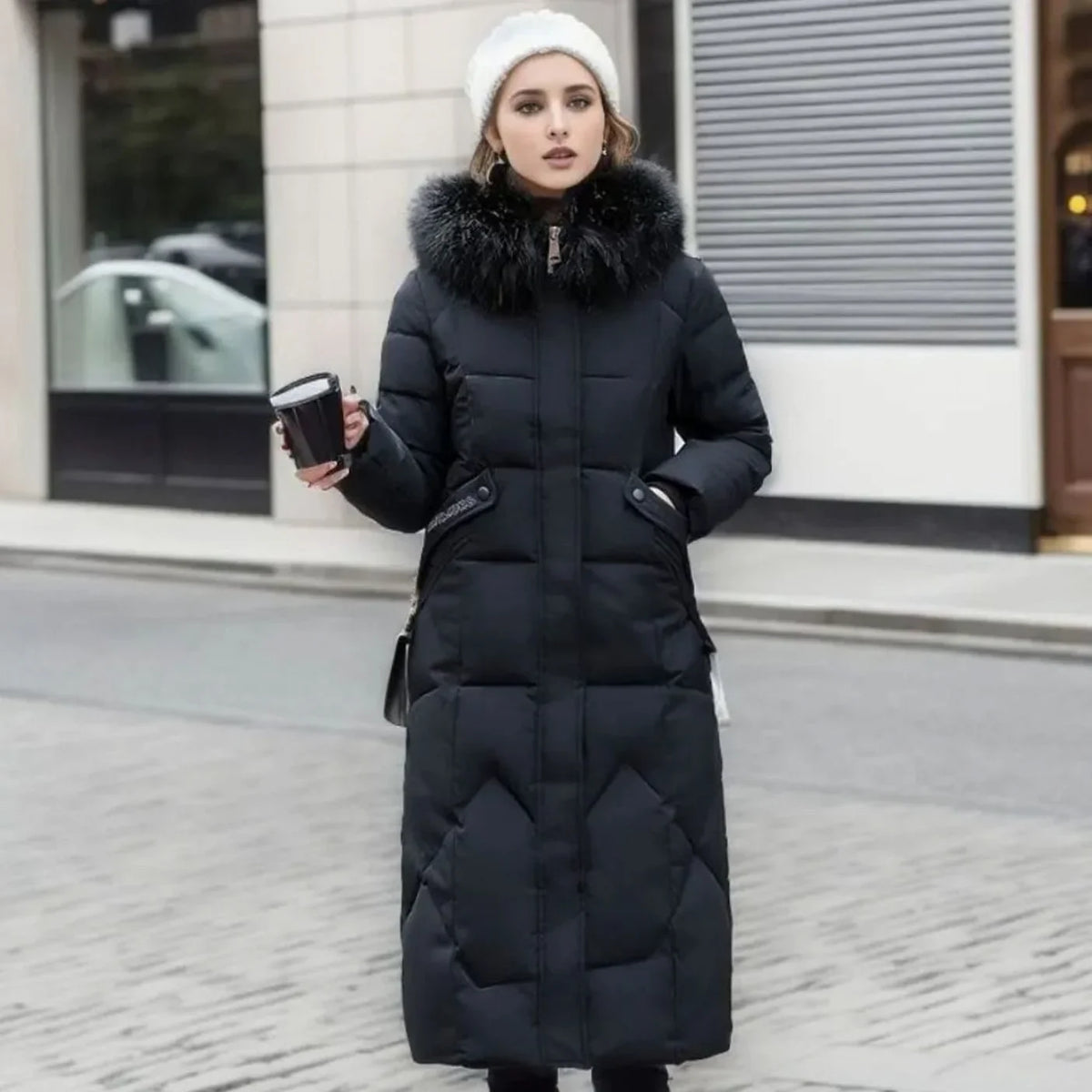 Long Hooded Puffer Coat – Black Faux Fur Trim