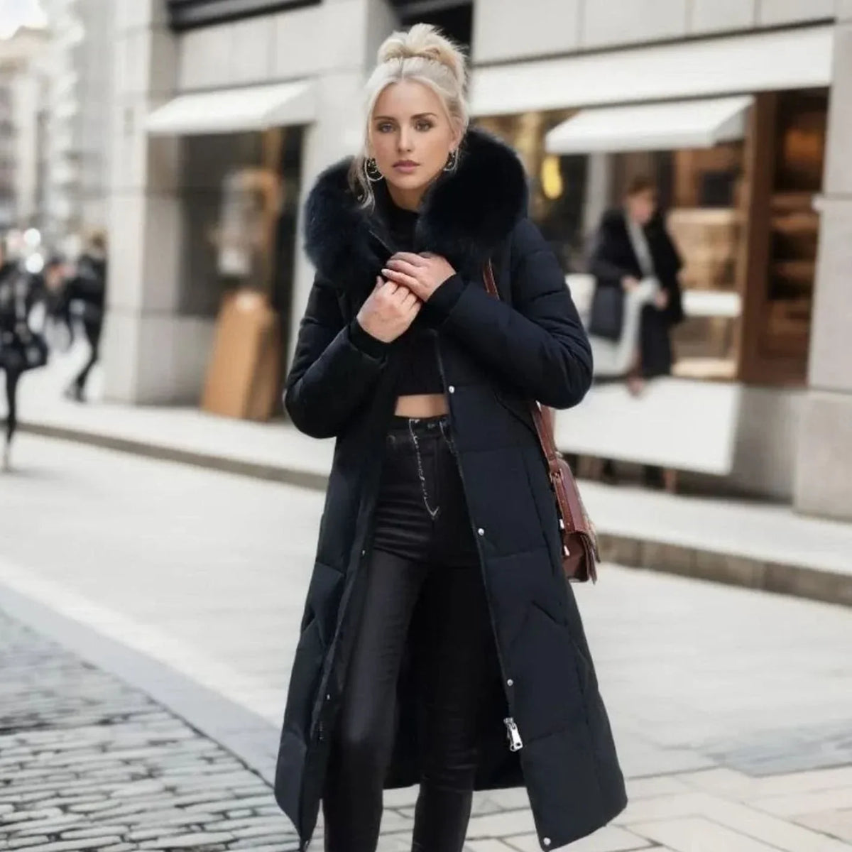 Long Hooded Puffer Coat – Black Faux Fur Trim