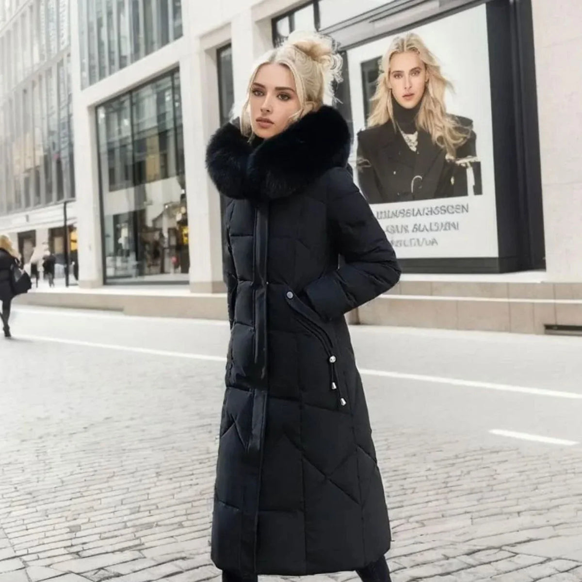 Long Hooded Puffer Coat – Black Faux Fur Trim