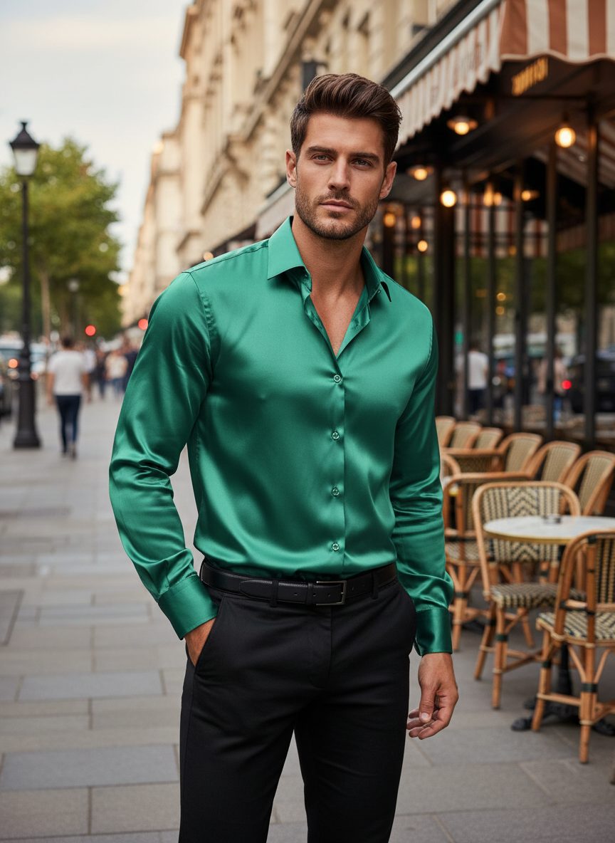 Long Sleeve Button-Down Silk Shirt for Men