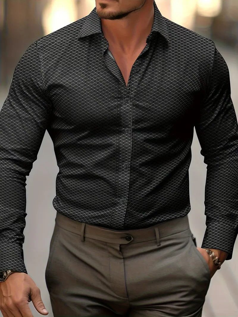 Long Sleeve Geometric Patterned Button-Down Shirt for Men