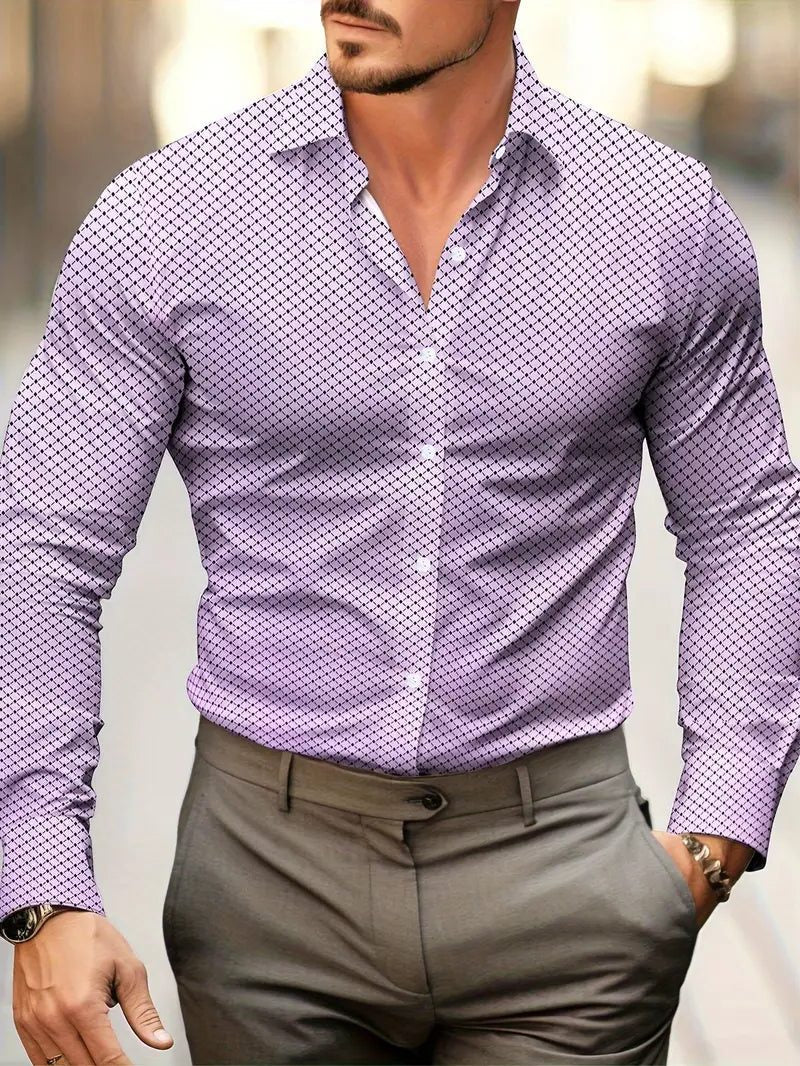 Long Sleeve Geometric Patterned Button-Down Shirt for Men