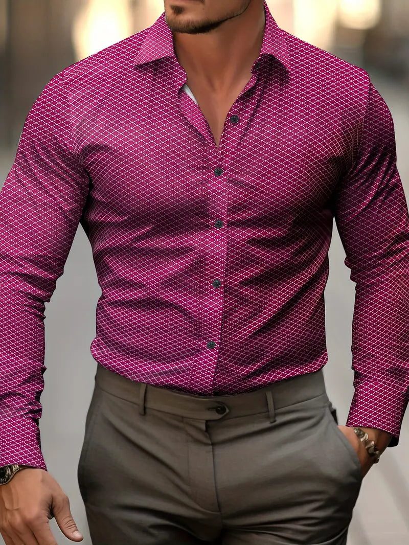 Long Sleeve Geometric Patterned Button-Down Shirt for Men