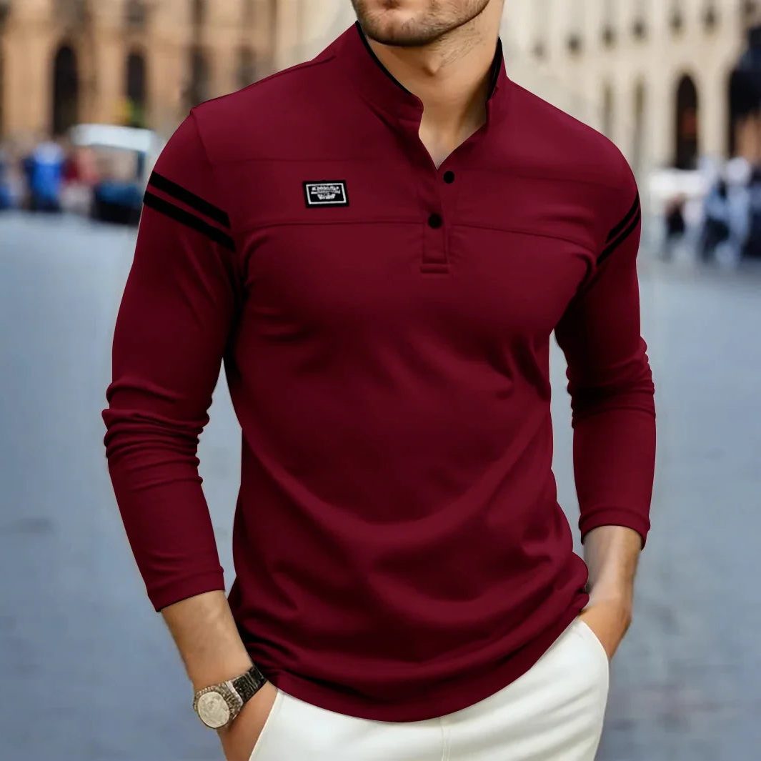 Long Sleeve Henley Polo Shirt for Men