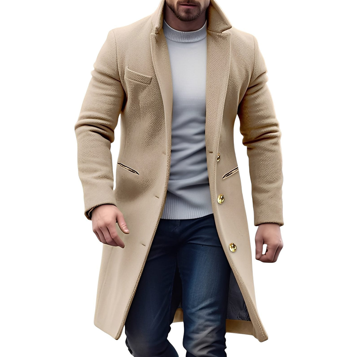 Wool Long Overcoat with Notch Collar for Men
