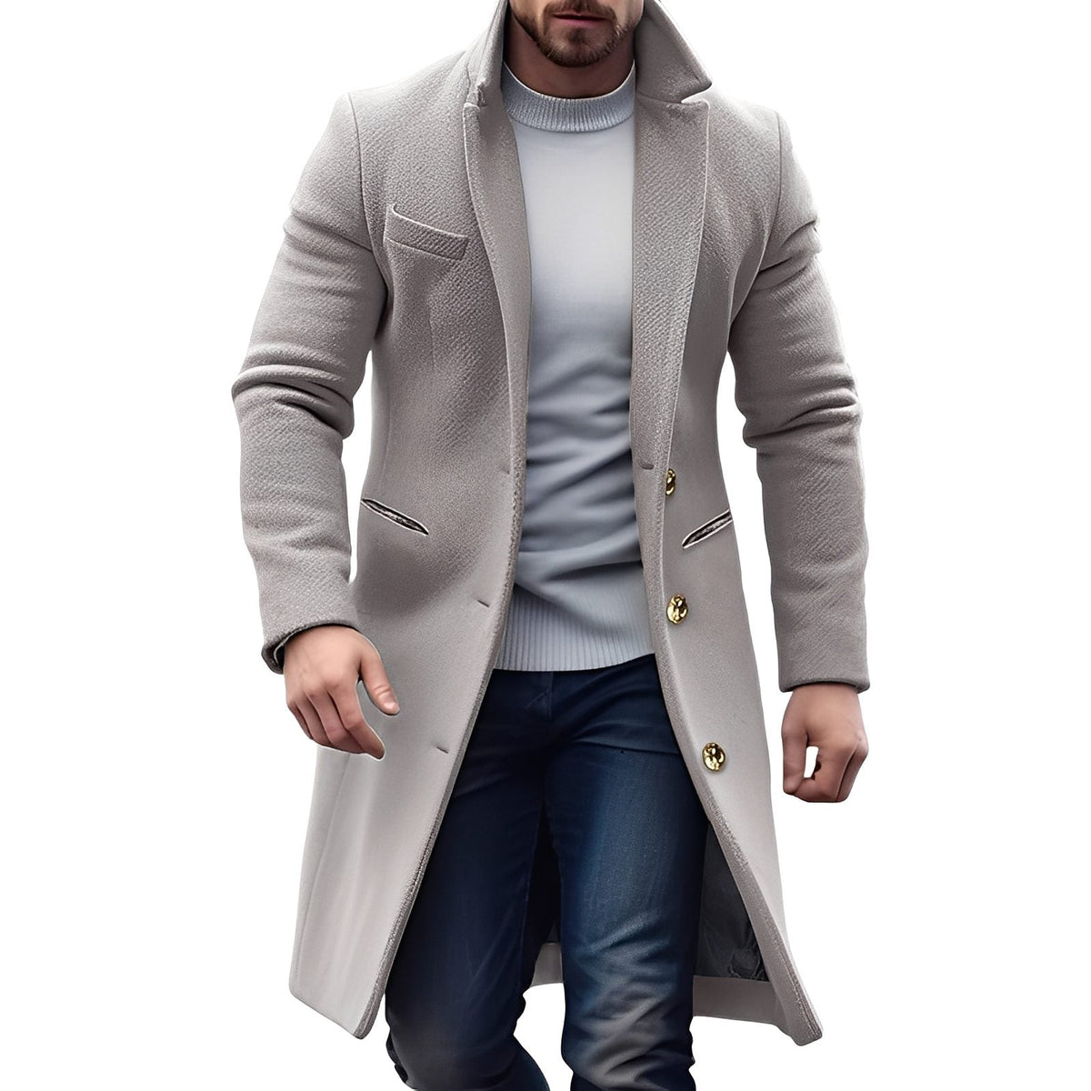 Wool Long Overcoat with Notch Collar for Men