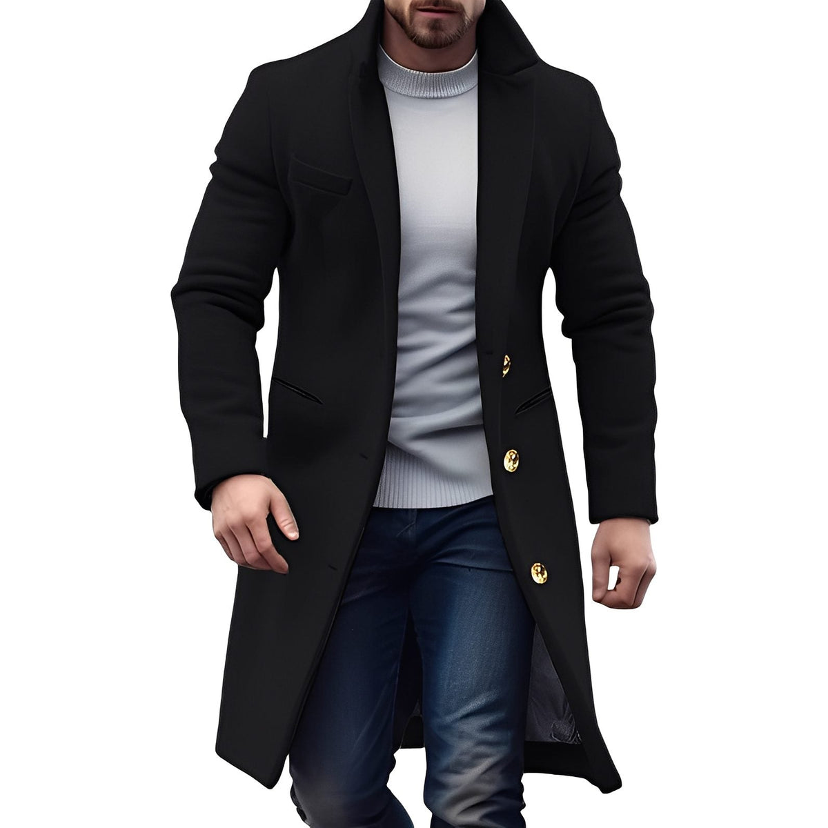 Wool Long Overcoat with Notch Collar for Men