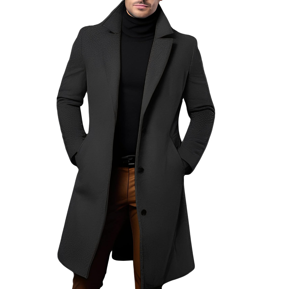 Wool Long Overcoat with Notch Collar for Men