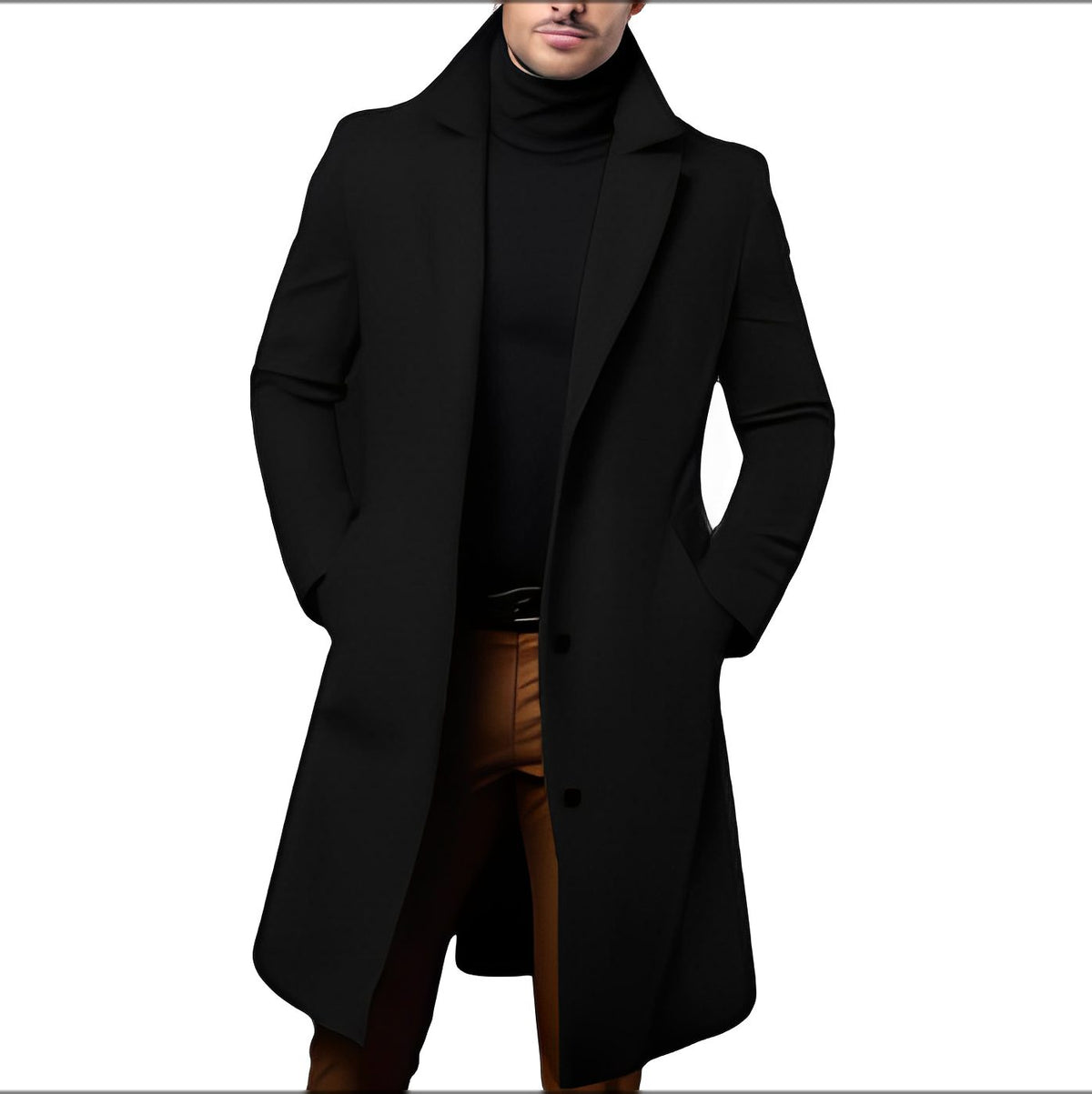 Wool Long Overcoat with Notch Collar for Men