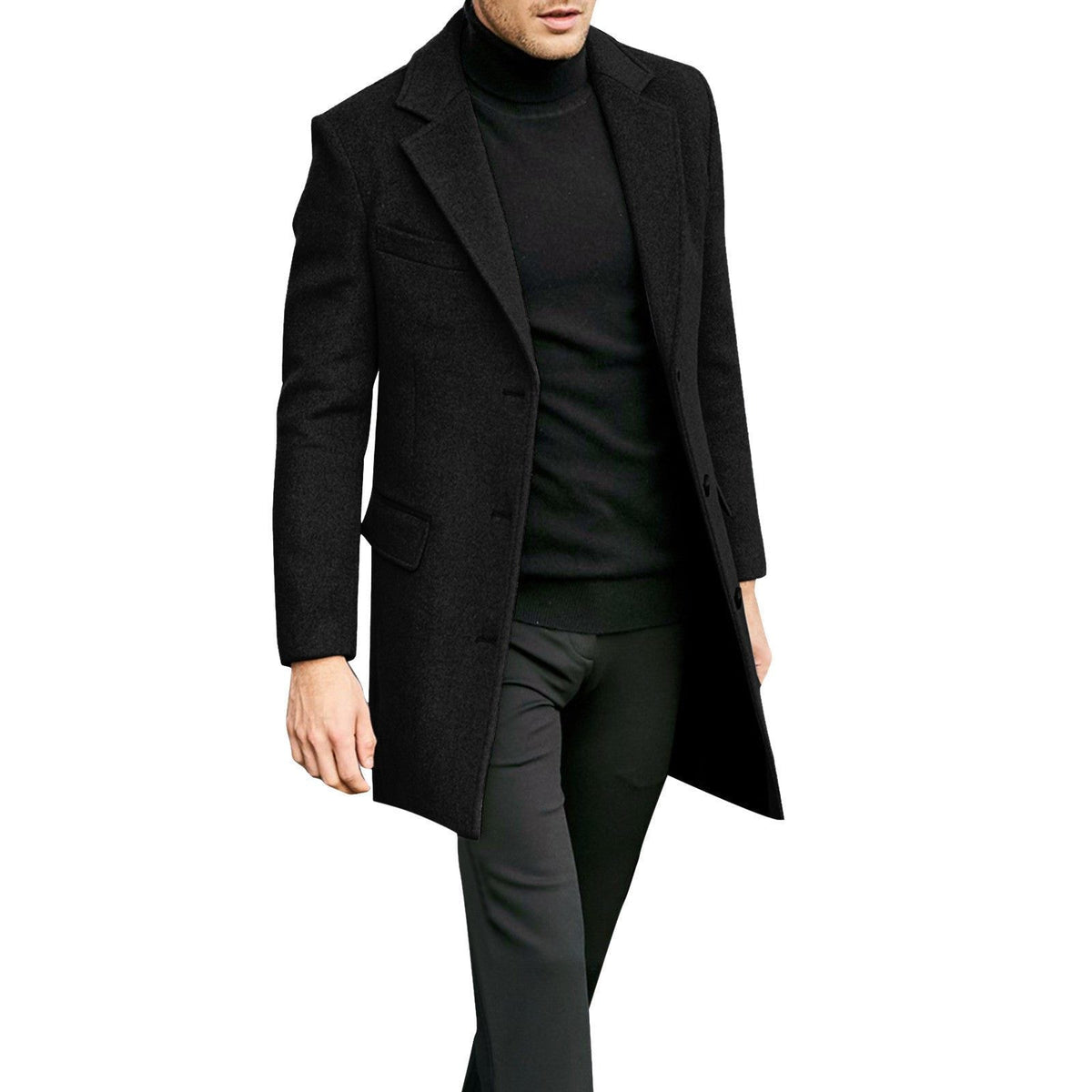 Wool Long Overcoat with Hidden Button Closure for Men