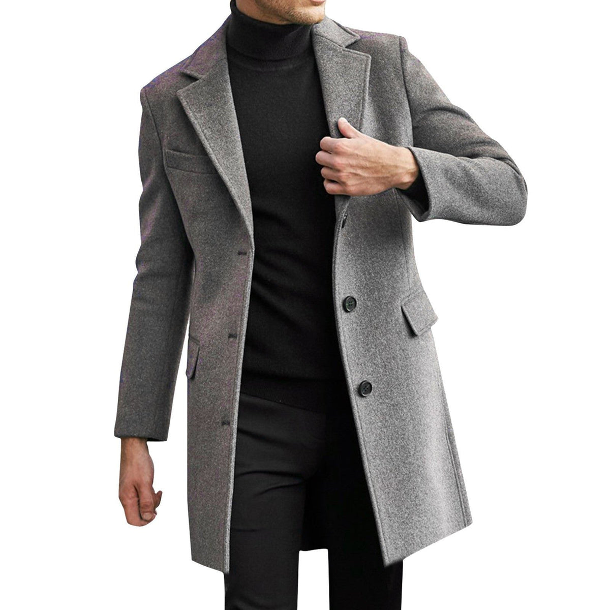 Wool Long Overcoat with Hidden Button Closure for Men