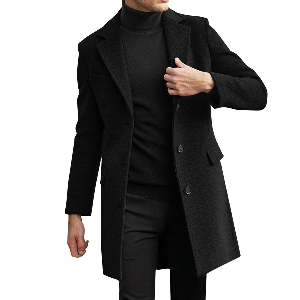 Wool Long Overcoat with Hidden Button Closure for Men