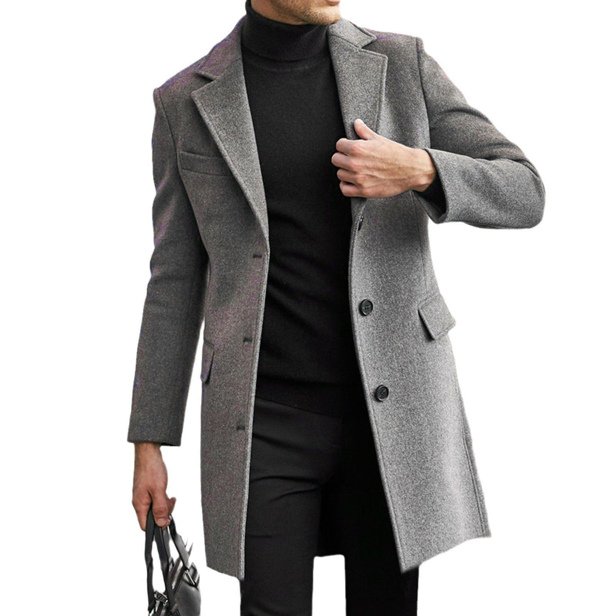 Wool Long Overcoat with Hidden Button Closure for Men