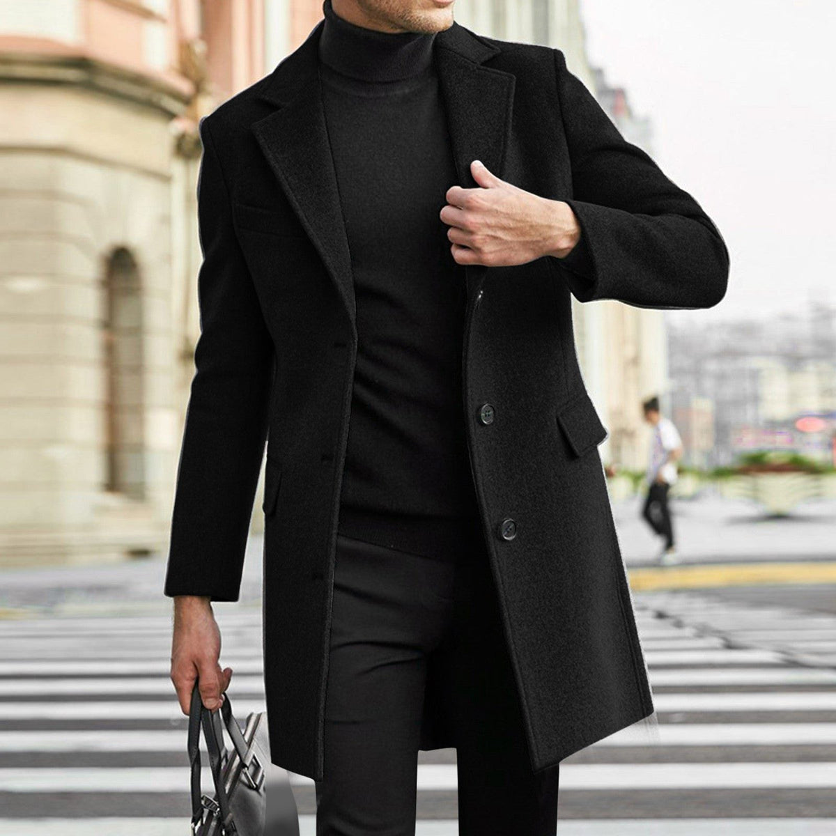 Wool Long Overcoat with Hidden Button Closure for Men