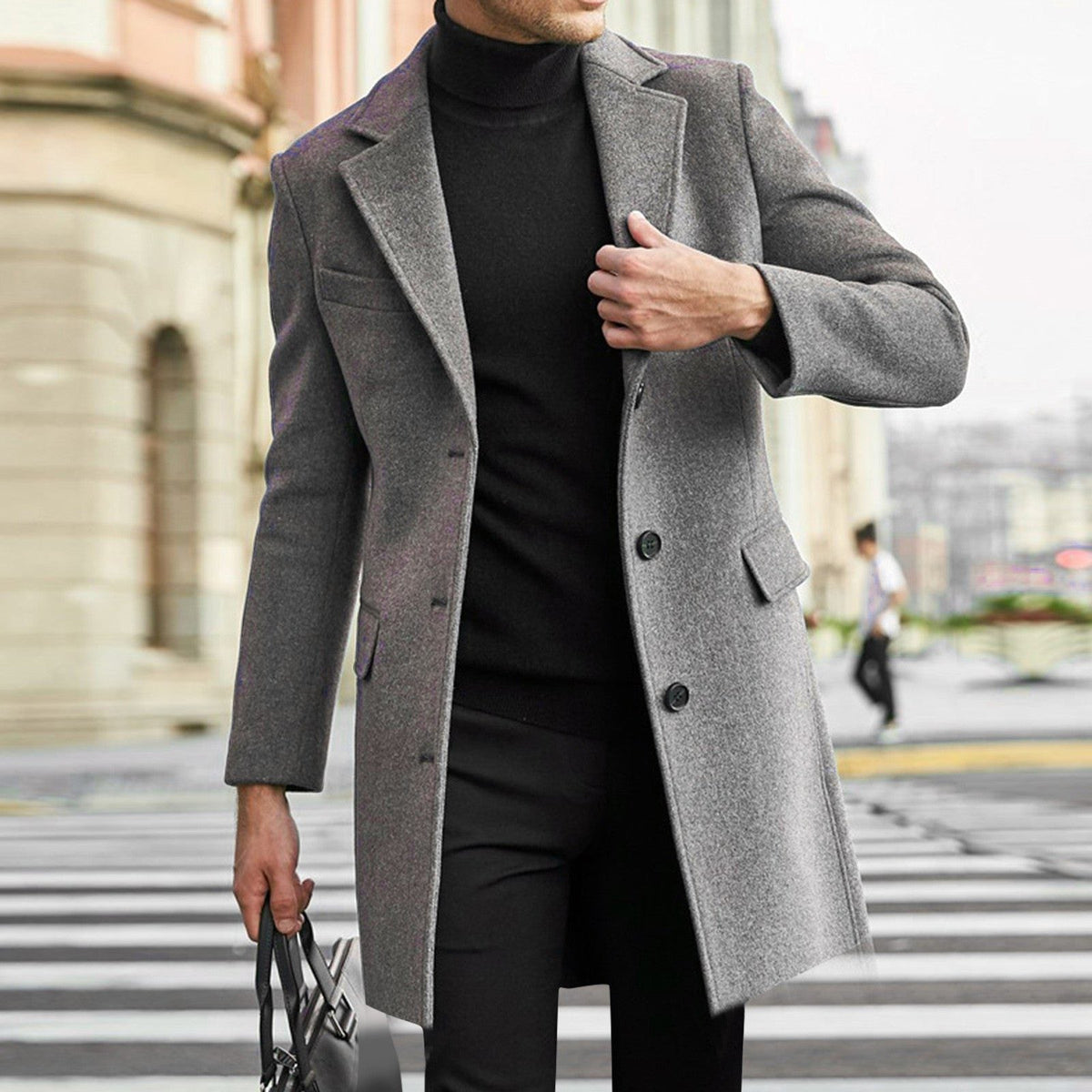 Wool Long Overcoat with Hidden Button Closure for Men