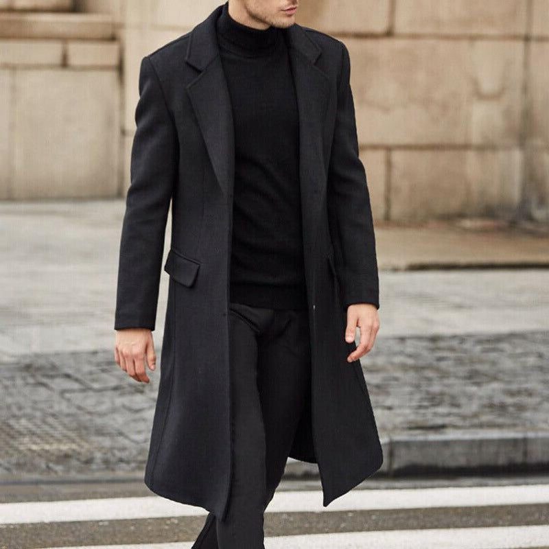 Wool Long Overcoat with Lapel Collar for Men