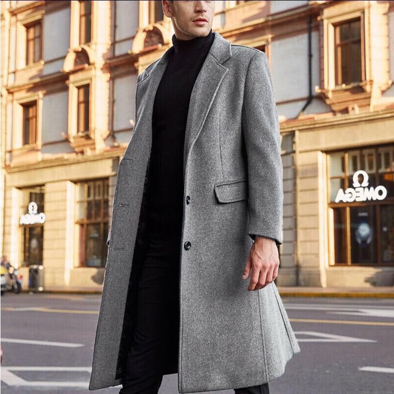 Wool Long Overcoat with Lapel Collar for Men
