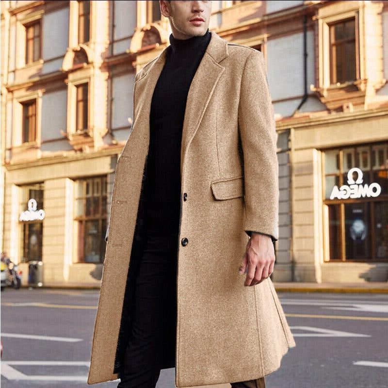 Wool Long Overcoat with Lapel Collar for Men