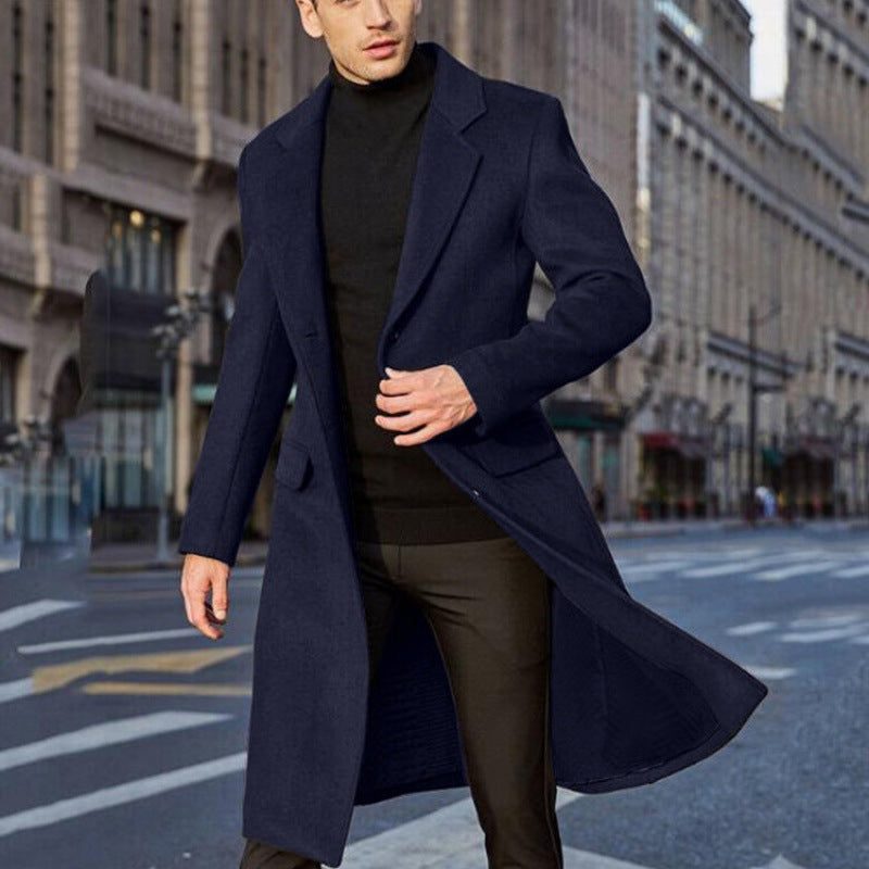 Wool Long Overcoat with Lapel Collar for Men