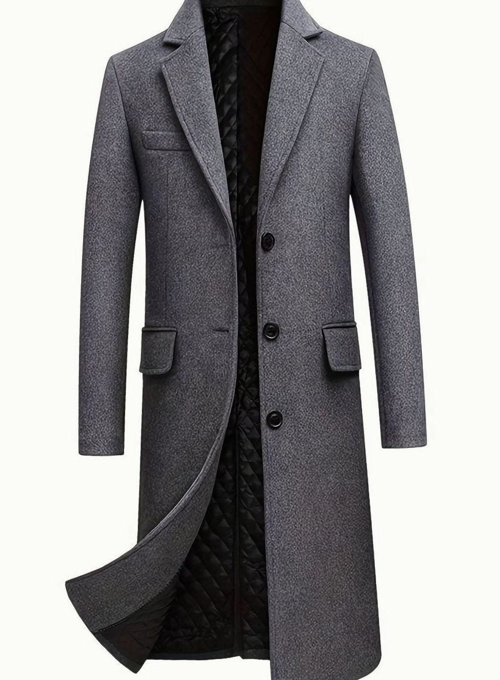 Wool Long Overcoat with Notch Lapel for Men