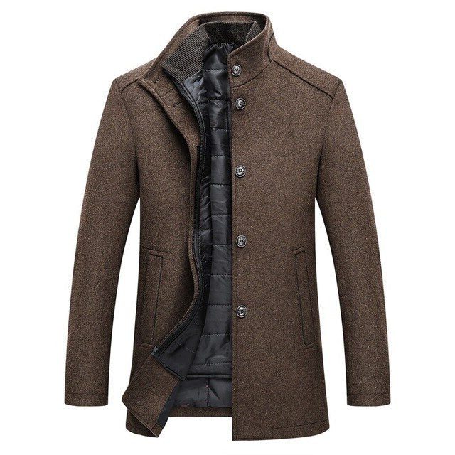 Long Wool Winter Overcoat with Stand Collar for Men