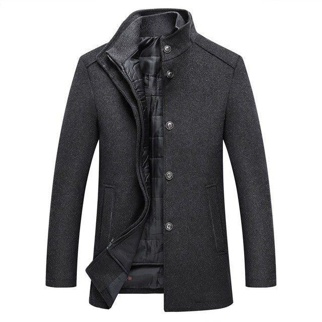 Long Wool Winter Overcoat with Stand Collar for Men