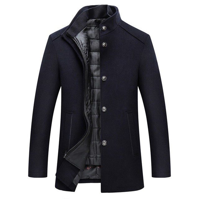 Long Wool Winter Overcoat with Stand Collar for Men