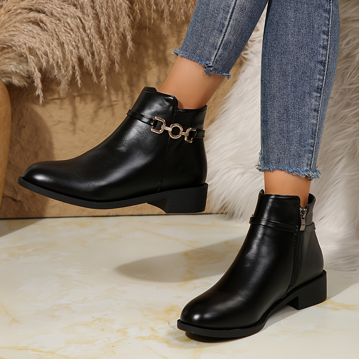 Gwyneth | Black Gold Chain Ankle Boots