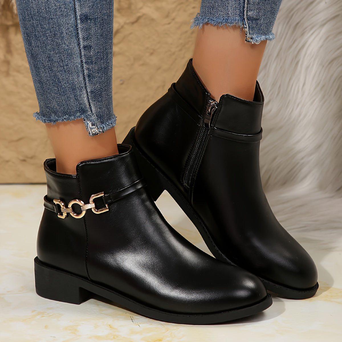 Gwyneth | Black Gold Chain Ankle Boots