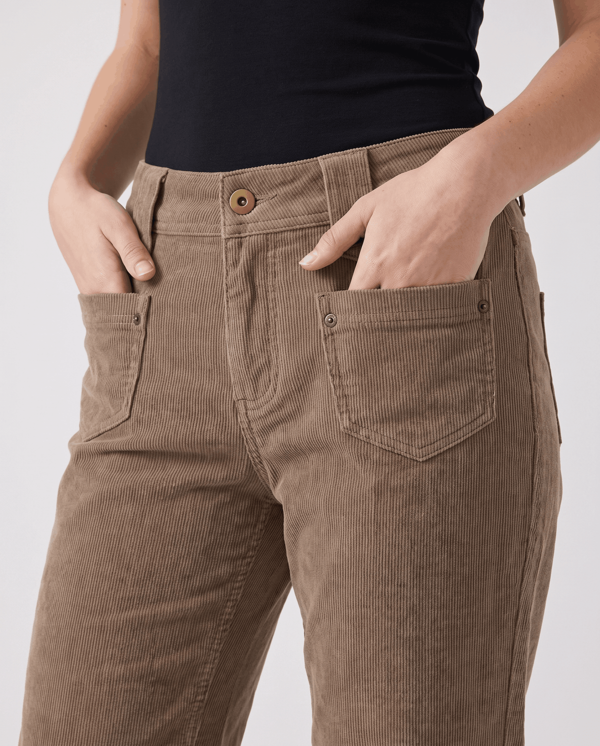 Low-Rise Corduroy Flare Pants – Front Patch Pockets, Zip Fly & Full Length | Hazel