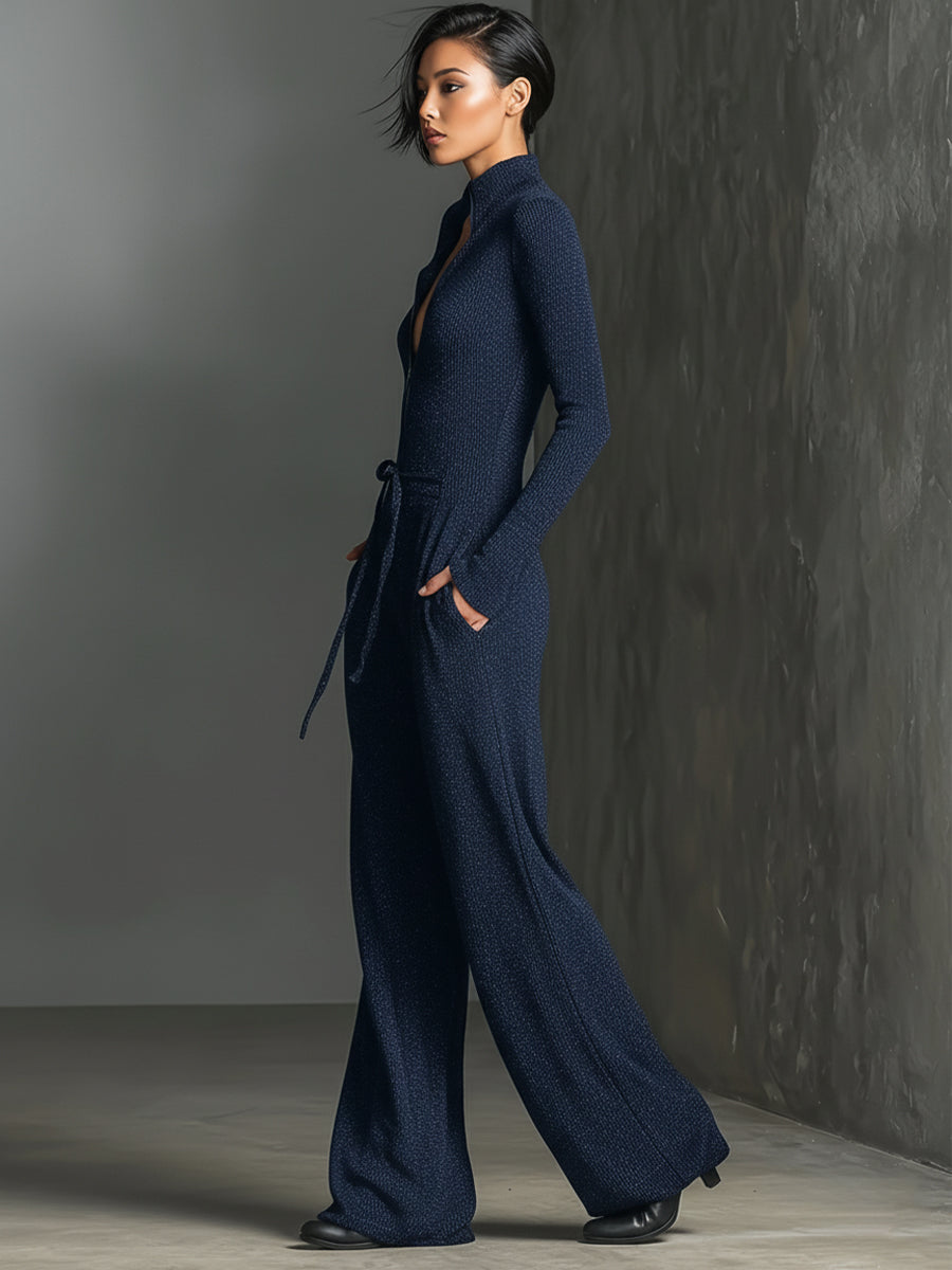 Women's Zip-Front Wide-Leg Jumpsuit with High Collar and Tie Waist – Elegant Long-Sleeve Style for Evening and Occasion Wear