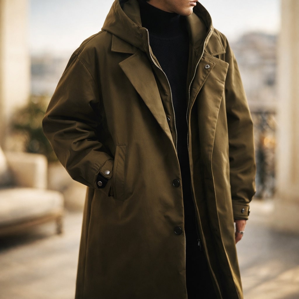 Luke - Men's Notch Lapel Trench Coat with Detachable Hood