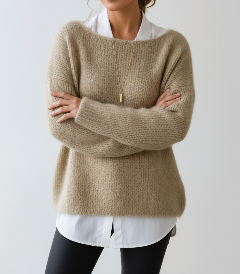 Women's Fluffy Oversized Knit Sweater – Soft Textured Wide Neck Pullover with Relaxed Long Sleeves for Autumn and Winter