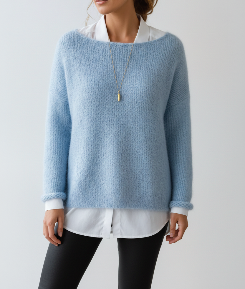 Women's Fluffy Oversized Knit Sweater – Soft Textured Wide Neck Pullover with Relaxed Long Sleeves for Autumn and Winter