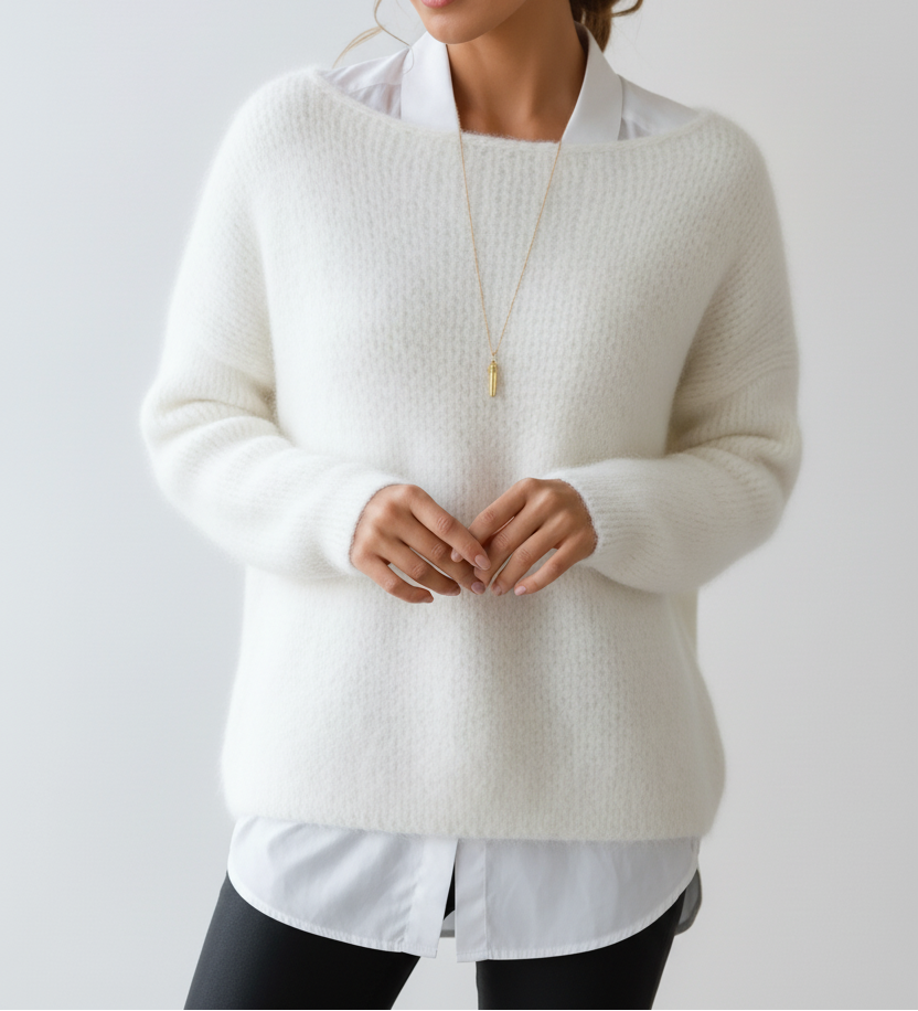Women's Fluffy Oversized Knit Sweater – Soft Textured Wide Neck Pullover with Relaxed Long Sleeves for Autumn and Winter