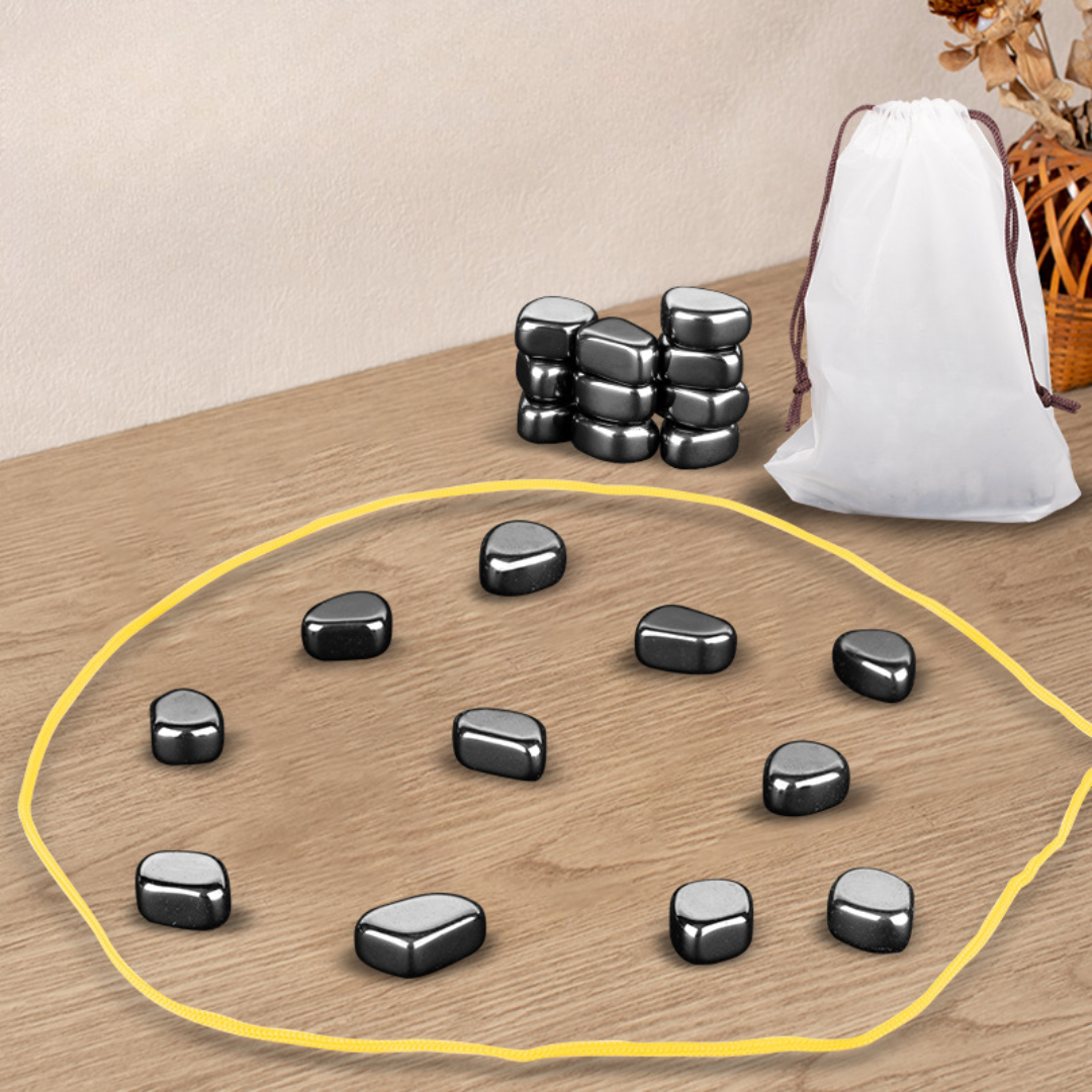 Magnetic Chess Game with Polished Stone Pieces and Portable Travel Drawstring Bag