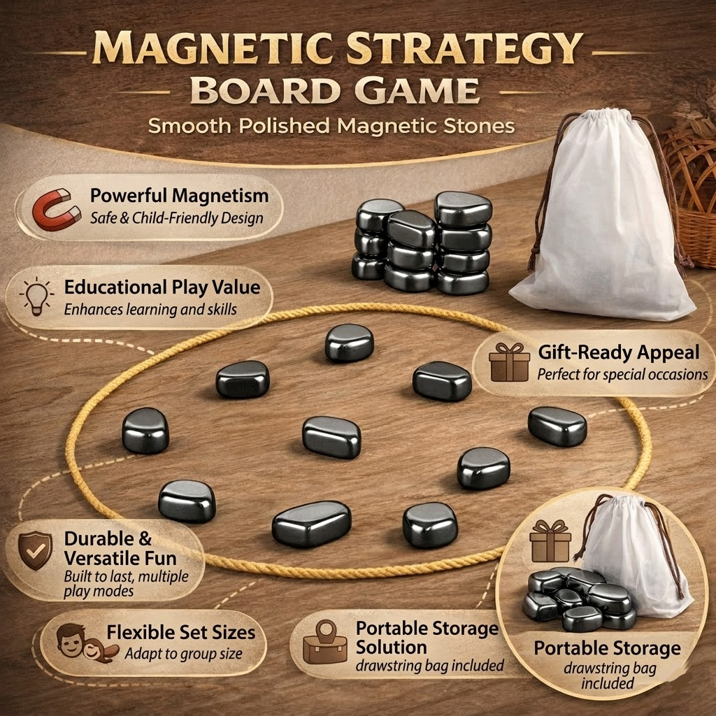 Magnetic Chess Game with Polished Stone Pieces and Portable Travel Drawstring Bag