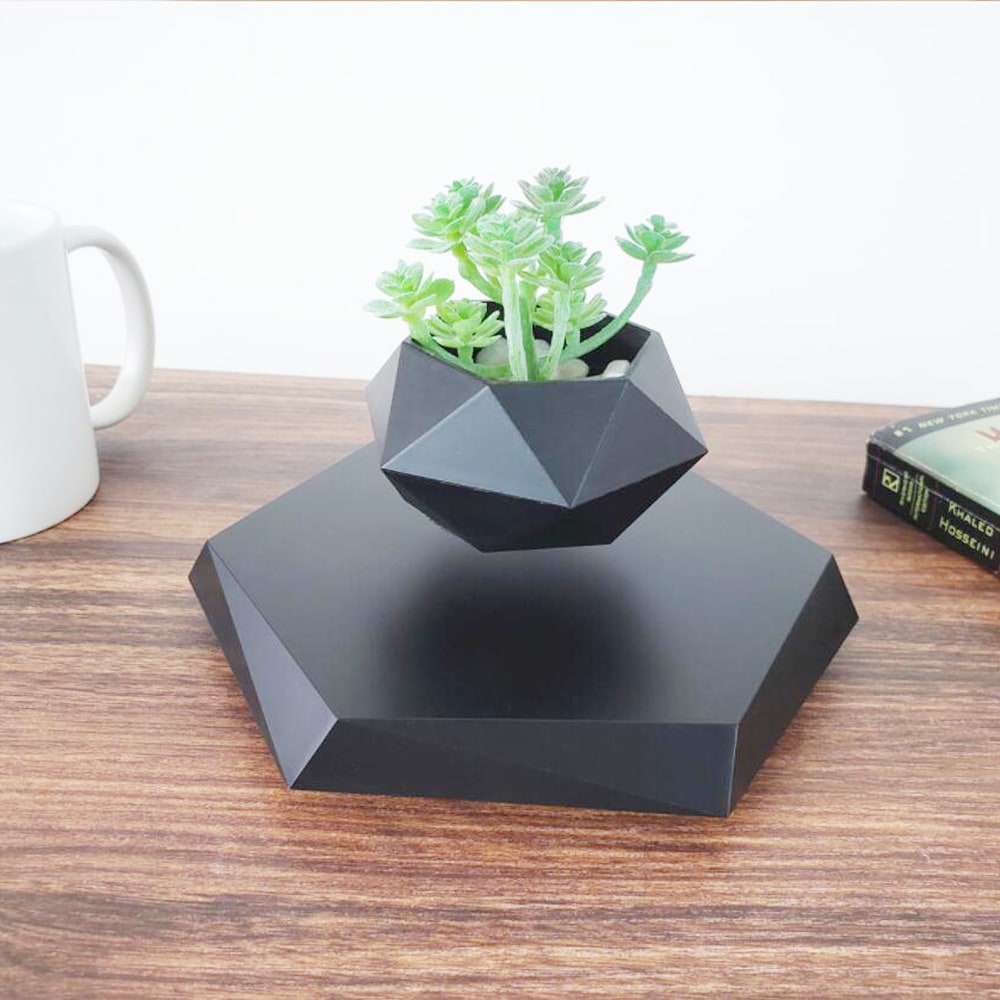 Magnetic Levitation Floating Planter with Geometric Hexagonal Pot and Electromagnetic Base
