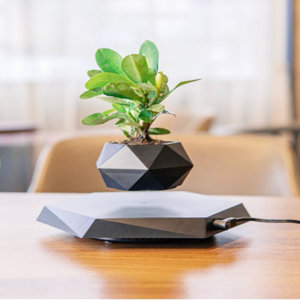 Magnetic Levitation Floating Planter with Geometric Hexagonal Pot and Electromagnetic Base
