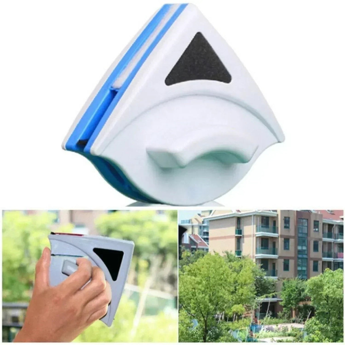 Magnetic Window Cleaner and Squeegee with Triangular Design for Hard-To-Reach