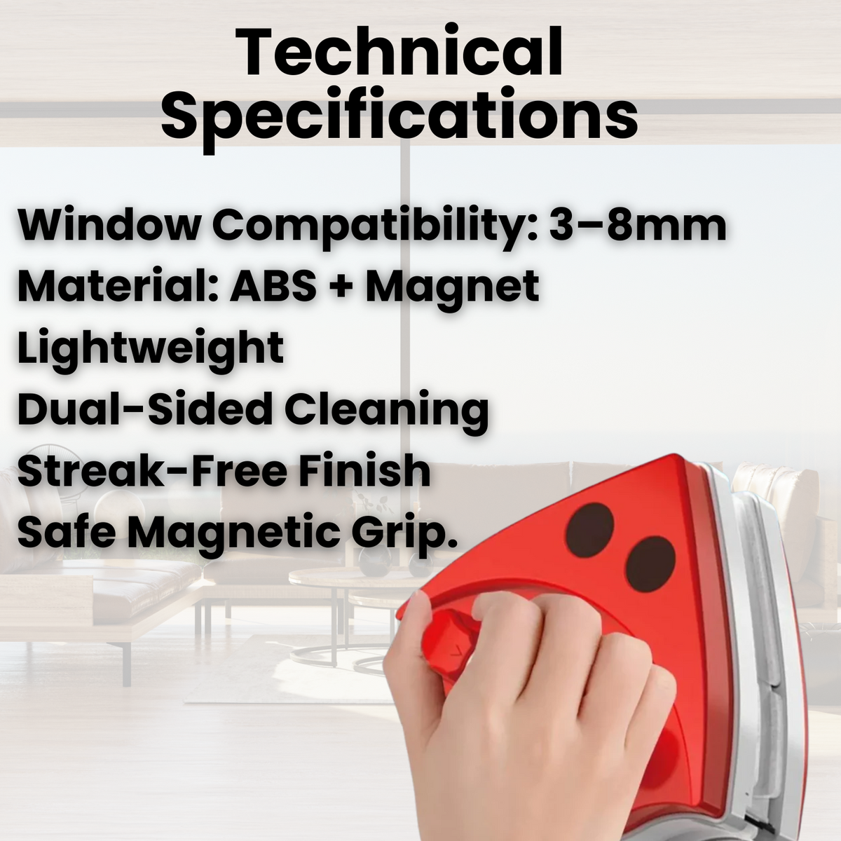 Magnetic Window Cleaner and Squeegee with Triangular Design for Hard-To-Reach