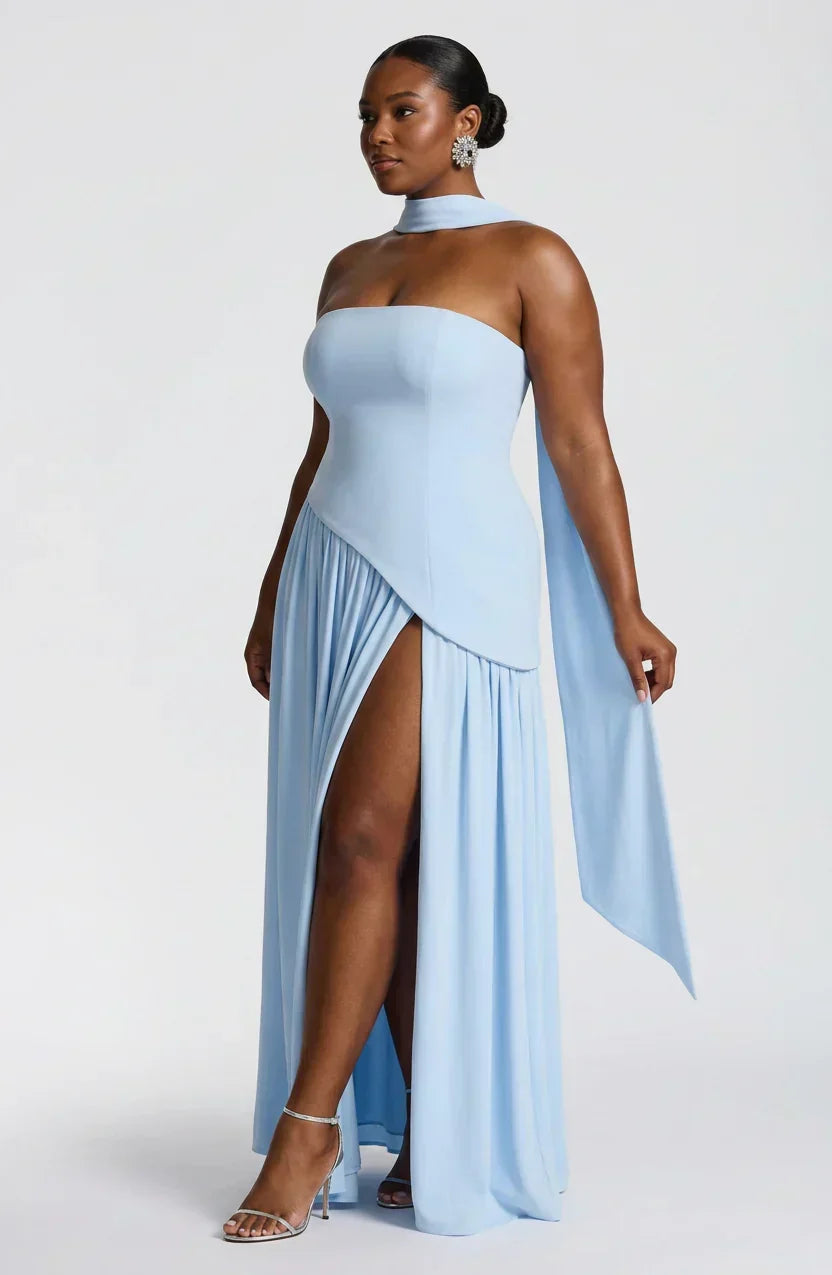 Women’s Strapless Corset Maxi Dress with High Split