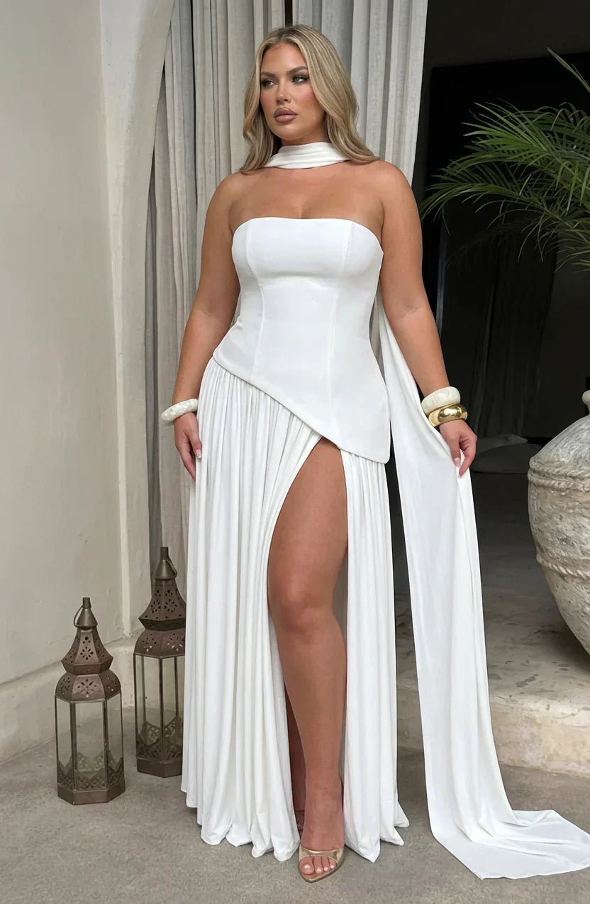 Women’s Strapless Corset Maxi Dress with High Split