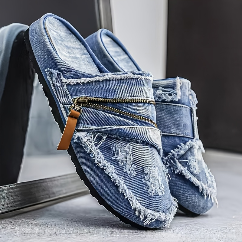 Manhattan Distressed Denim Slippers with Zip Detail